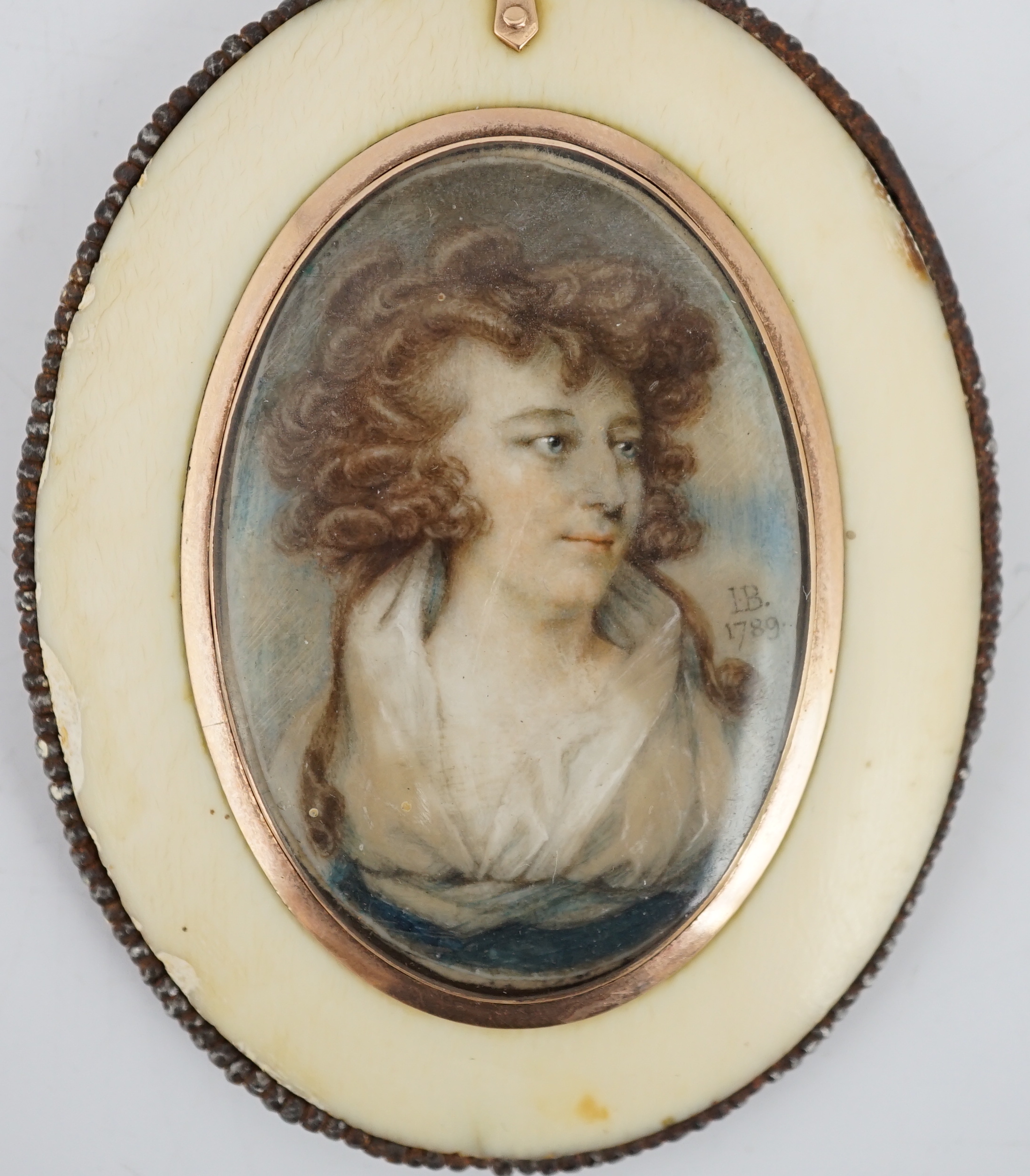 John Bogle (British, 1746-1803), Portrait miniature of a lady, oil on ivory, 4.3 x 3cm. CITES Submission reference S8HJ56MK